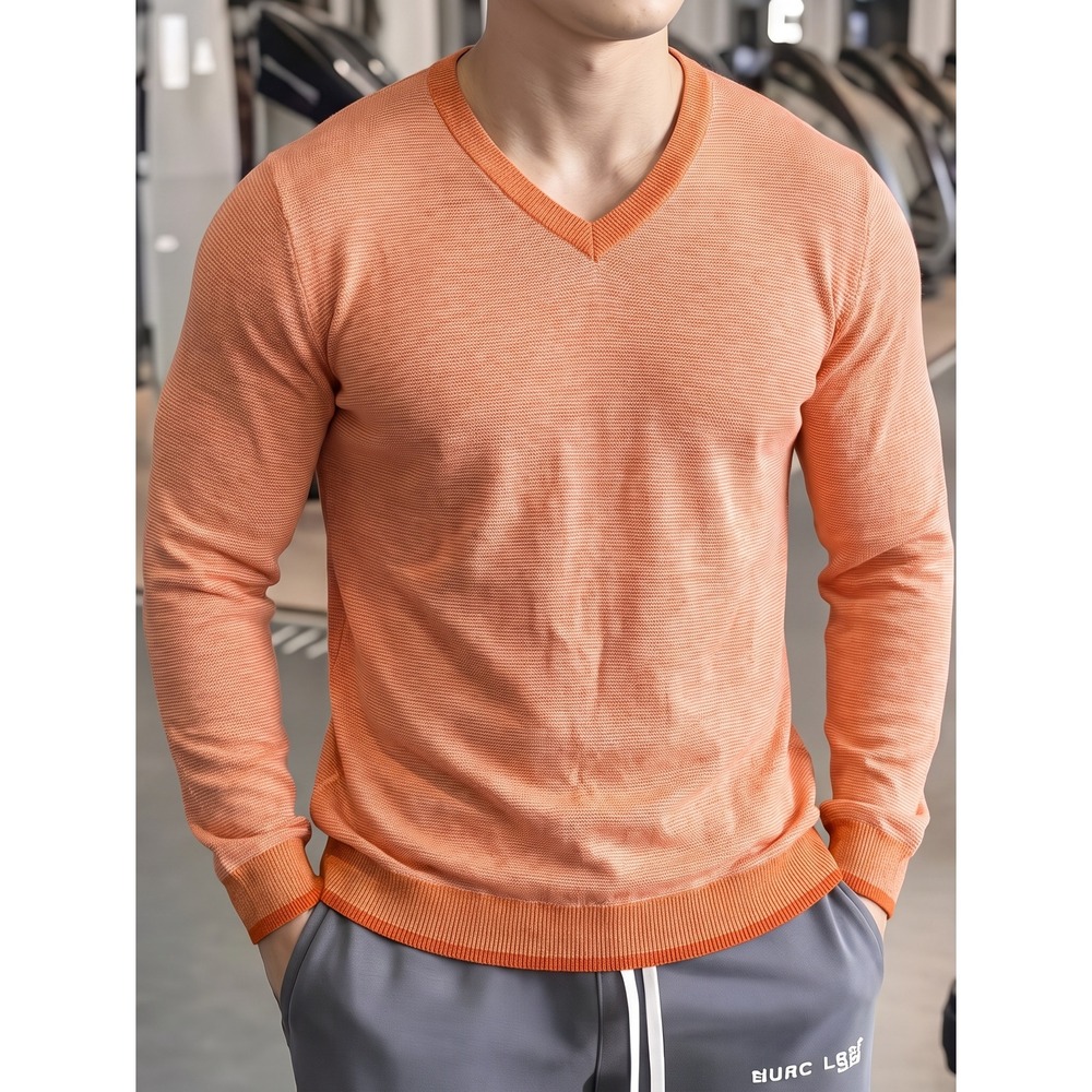 BOSS Hugo Boss V-Neck Sweater Mens L Orange Cotton Linen Slim Fit Knit